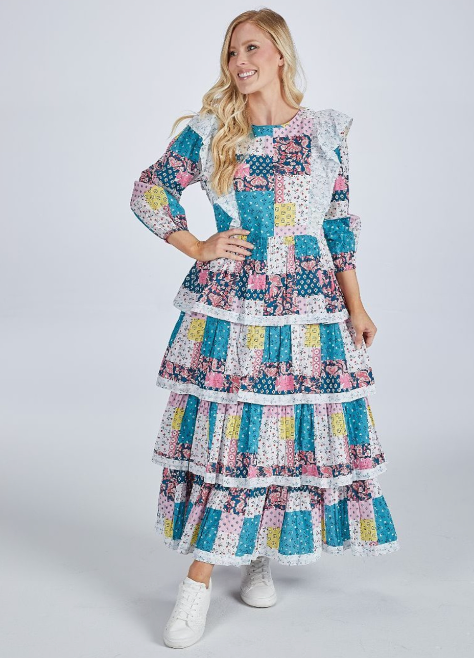 RTS: Teal Patchwork Ruffle Dress Long Sleeve