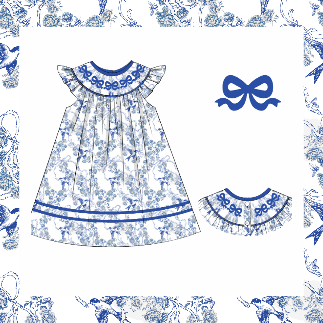 RTS Birds and Bows Blue Toile Dress
