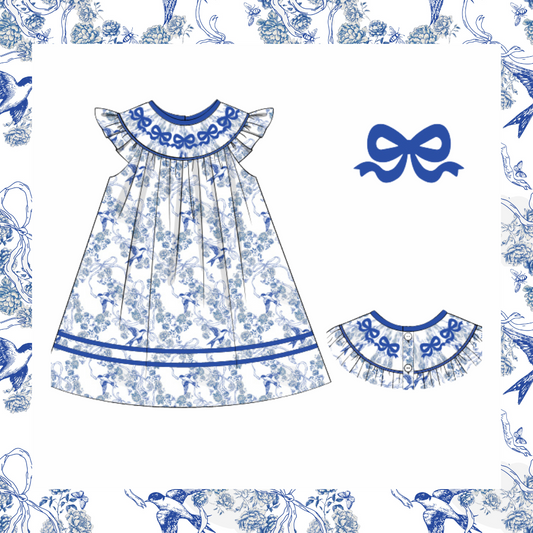 RTS Birds and Bows Blue Toile Dress