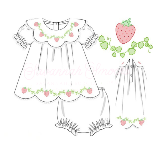 RTS Shadow Embroidery Strawberry WHITE Diaper Set