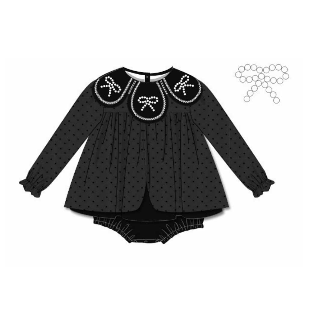 RTS Black Pearl Bow Petal Neck Skirted Bubble