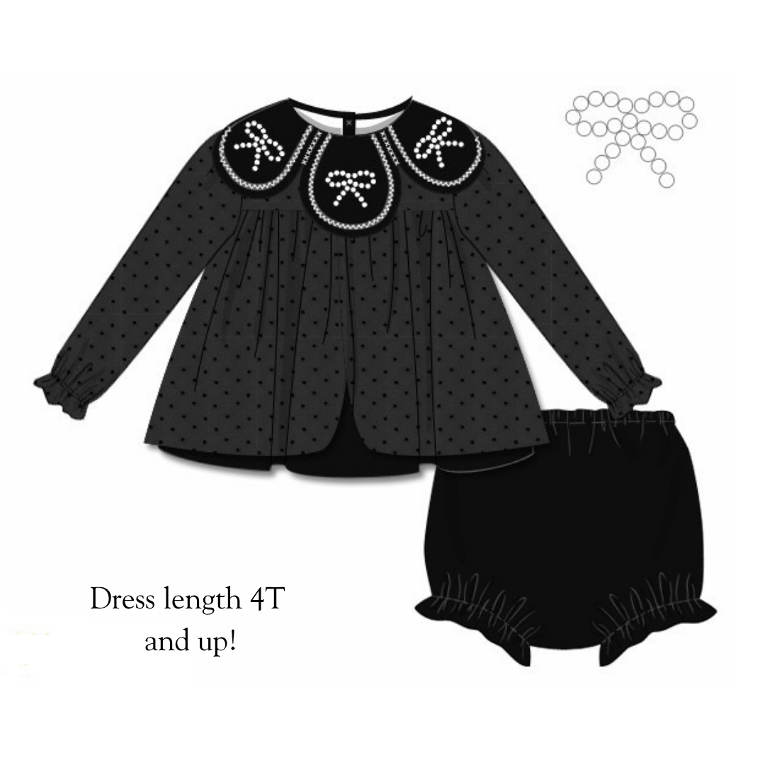 RTS Black Pearl Bow Petal Neck Diaper Set DRESS LENGTH 4T AND UP!