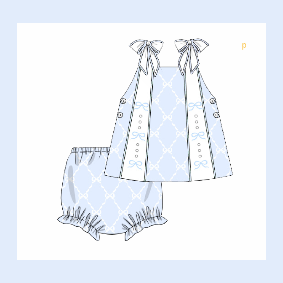 RTS Baby Blue Bows and Pearls Diaper Set