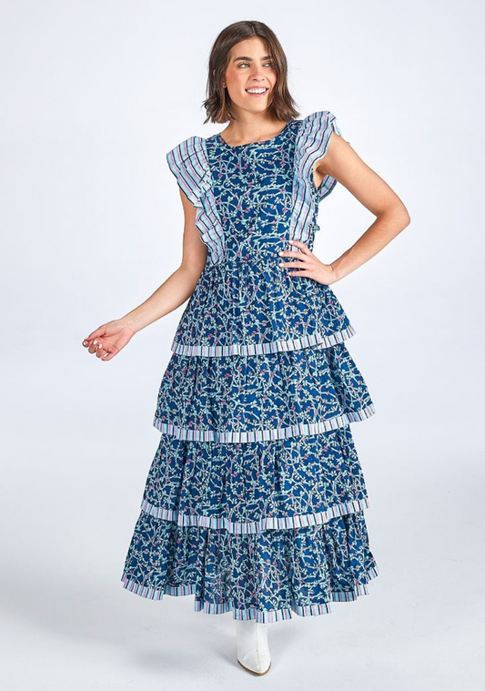 RTS: Navy Bow Print Flutter Sleeve Ruffle Dress