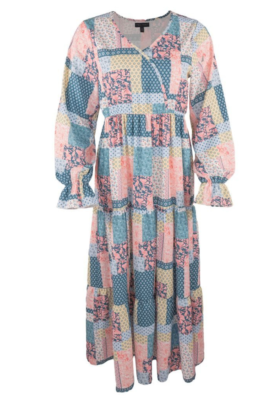 RTS: Teal Patchwork Long Sleeve Dress