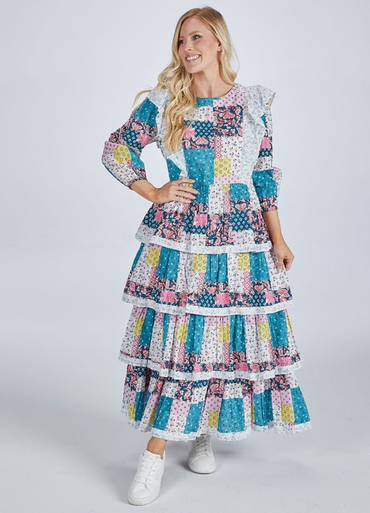 RTS: Teal Patchwork Ruffle Dress Long Sleeve