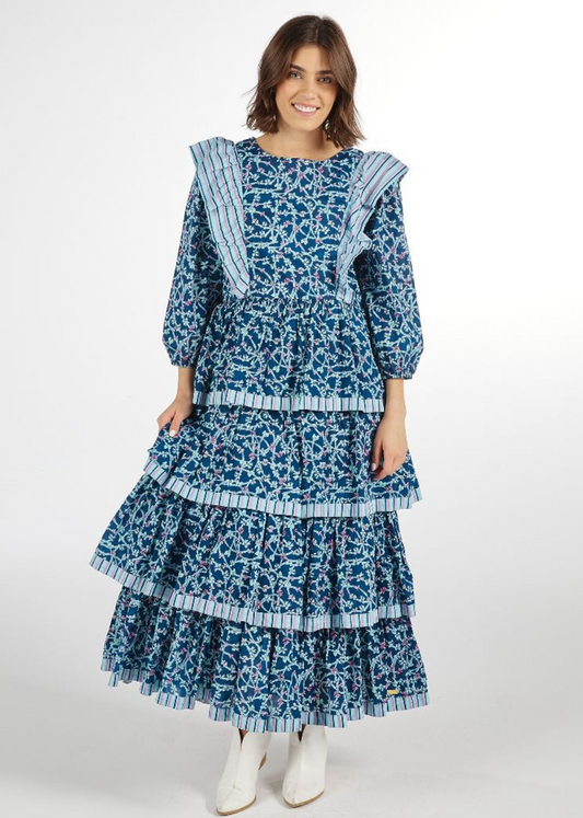 RTS: Navy Bow Print Long Sleeve Ruffle Dress