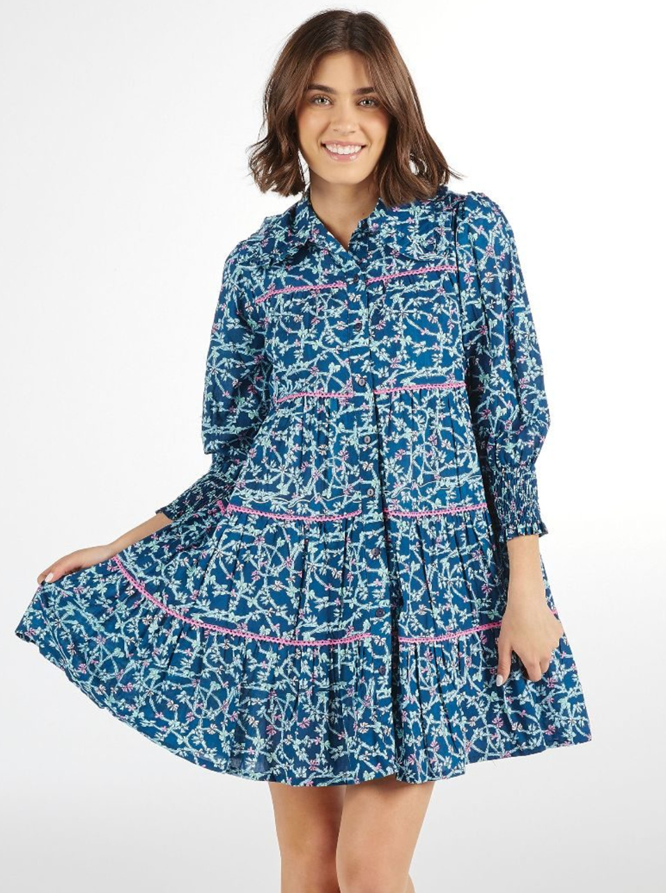 RTS: Navy Bow Print Rouched Long Sleeve Dress