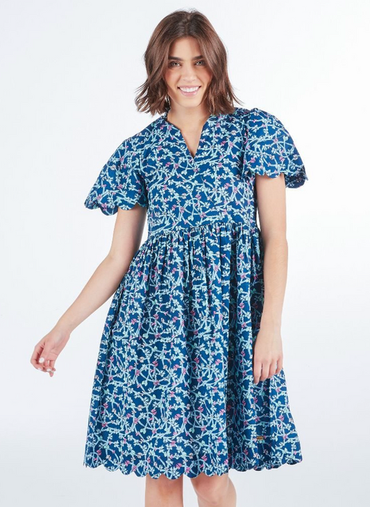 RTS: Navy Bow Print Scalloped Dress